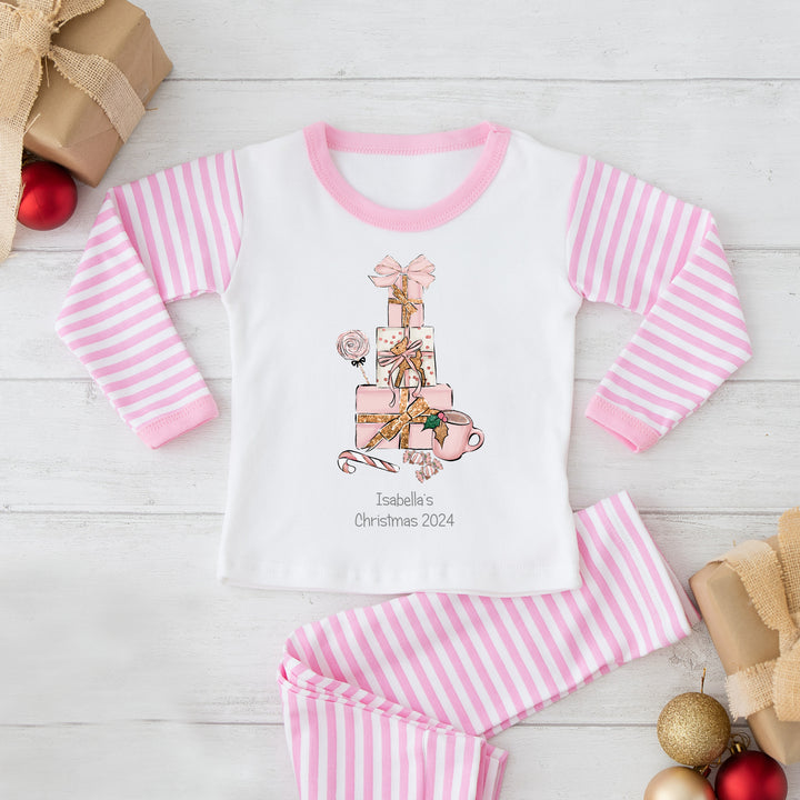 Personalised Pink Christmas Presents Pink Striped Christmas Pyjamas