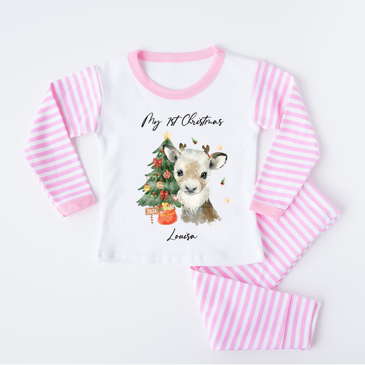 Personalised Pink Christmas Deer Pink Stripe Pyjamas