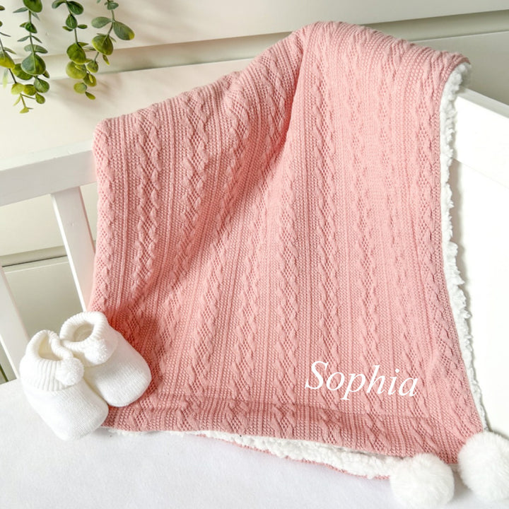 Personalised Embroidered Rose Pink Knitted Pompom Blanket