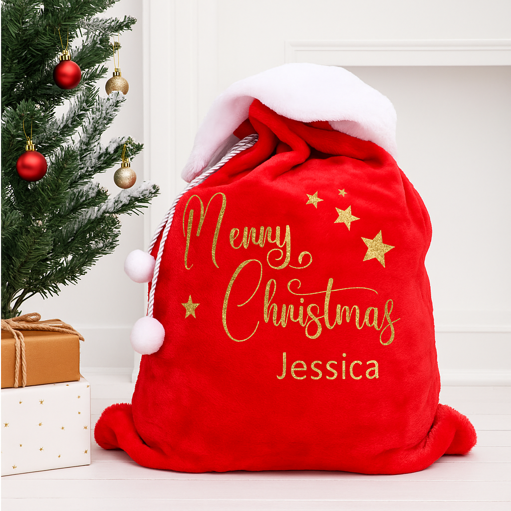 Personalised Red Fluff PomPom Christmas Santa Sack