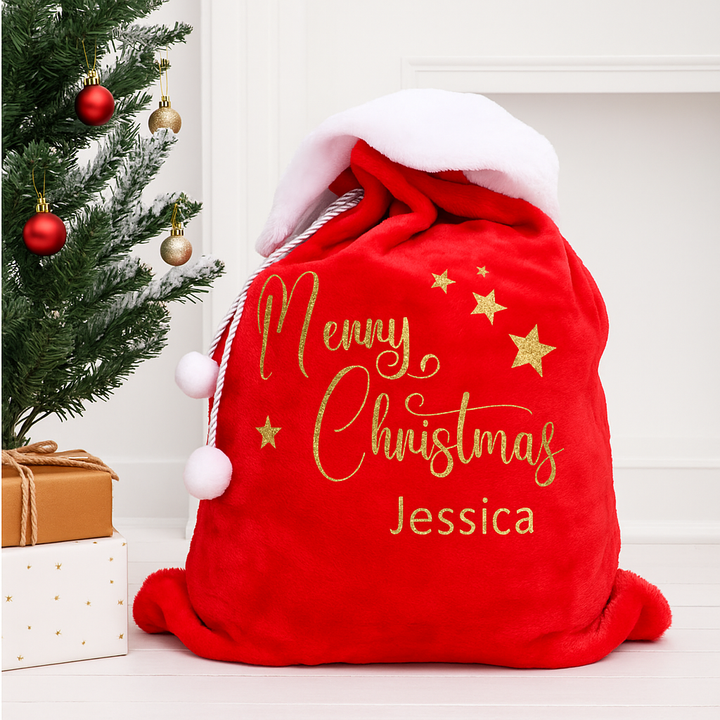 Personalised Red Fluff PomPom Christmas Santa Sack