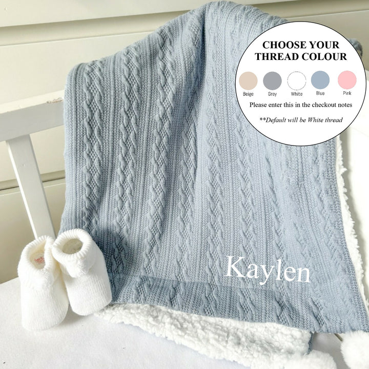 Personalised Embroidered Dusty Blue Knitted Pompom Blanket