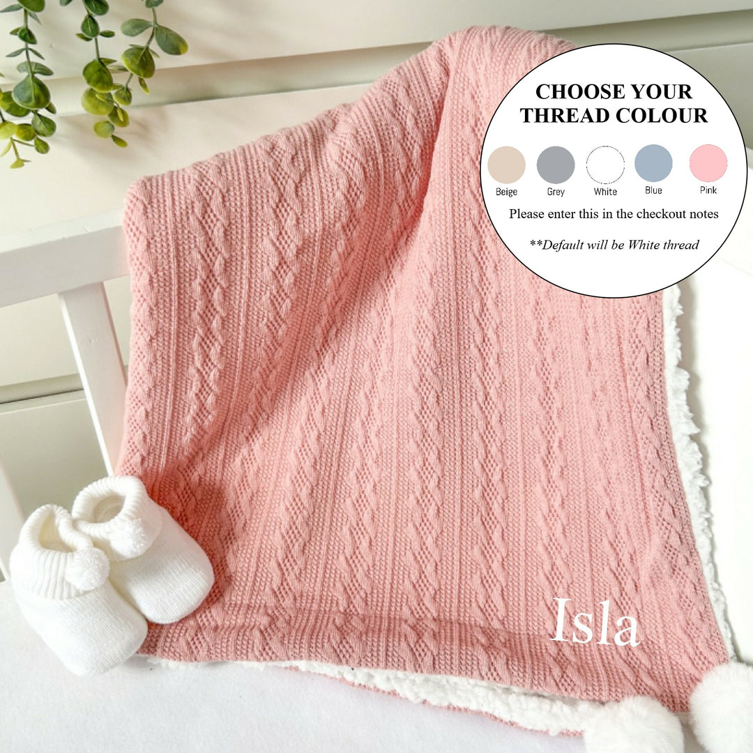 Personalised Embroidered Rose Pink Knitted Pompom Blanket