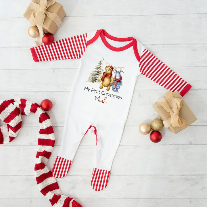 Personalised Classic Winnie The Pooh Christmas Babygrow/Bib