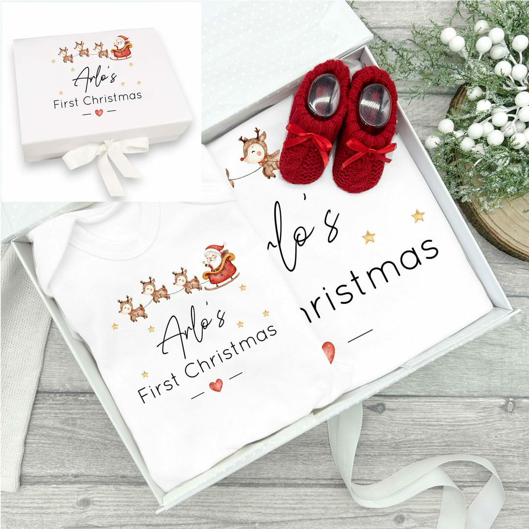 Personalised My First Christmas Santa Sleigh Baby Grow and Blanket Gift Set