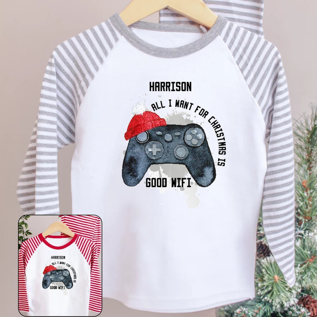 Personalised Gamer Christmas Pyjamas: All I Want For Christmas Is Good Wifi Outfit Xmas Pyjamas
