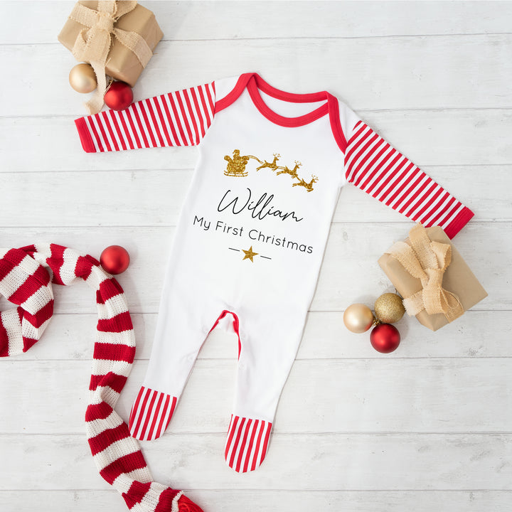 Personalised Gold Glitter Sleigh Babygrow/Bib