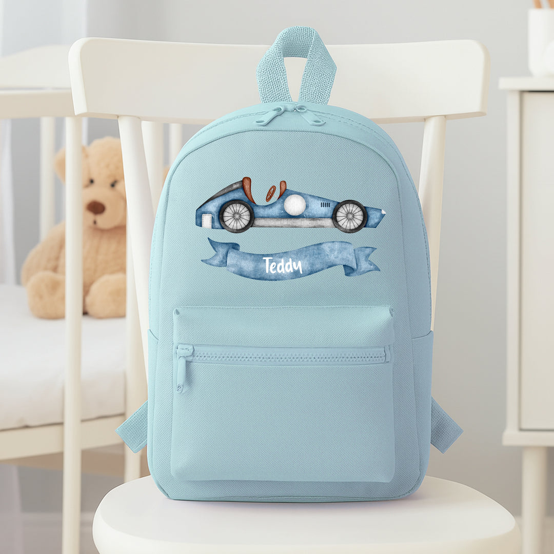Personalised Blue Racecar Backpack