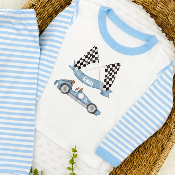 Personalised Racecar Blue Stripe Pyjamas