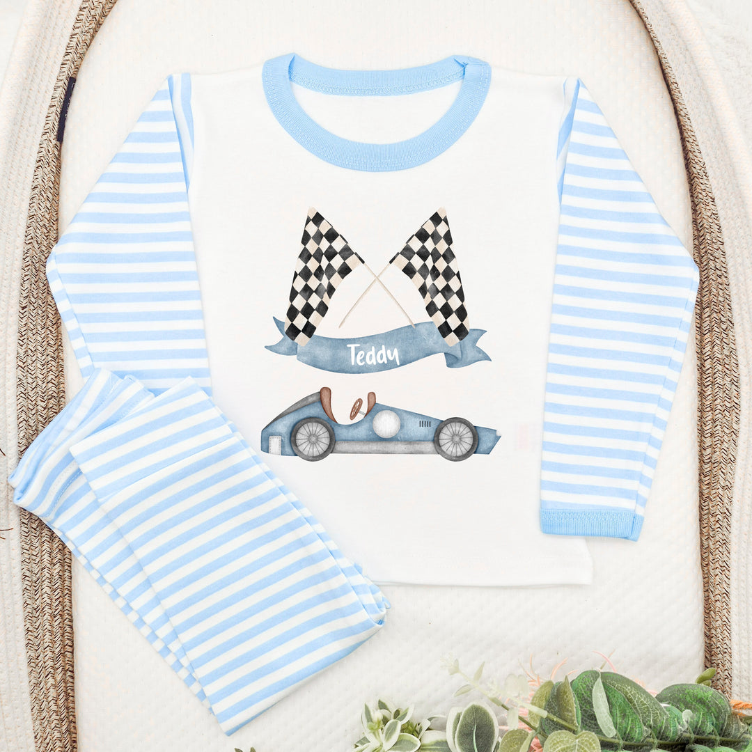 Personalised Racecar Blue Stripe Pyjamas