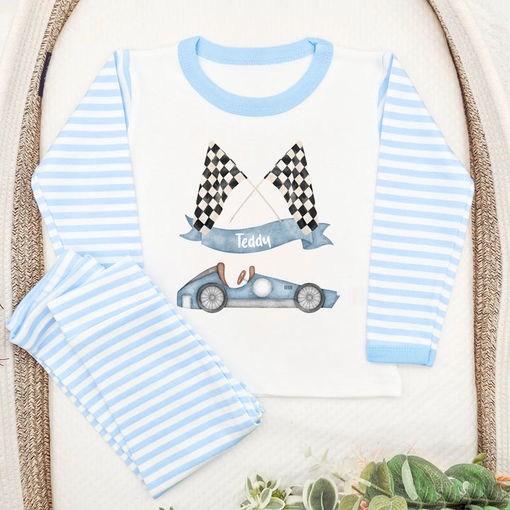 Personalised Racecar Blue Stripe Pyjamas