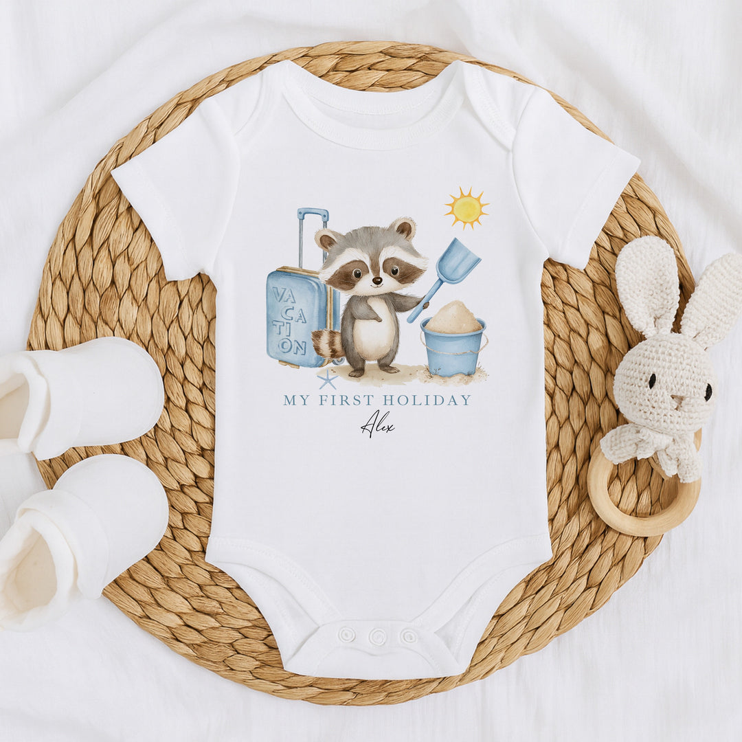 Personalised Blue Animal My First Holiday Baby Grow or Vest