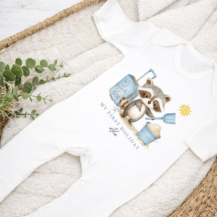 Personalised Blue Animal My First Holiday Baby Grow or Vest
