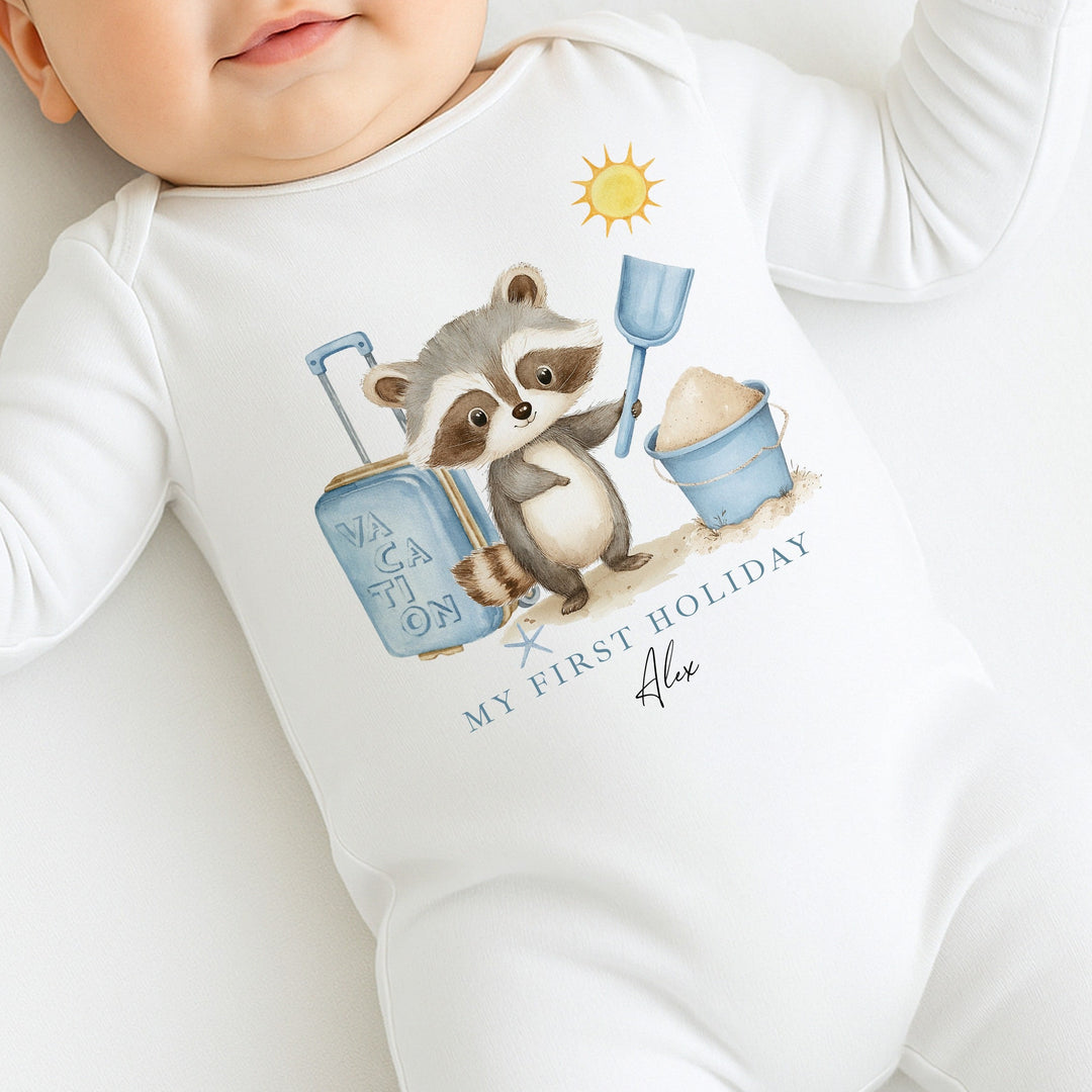 Personalised Blue Animal My First Holiday Baby Grow or Vest