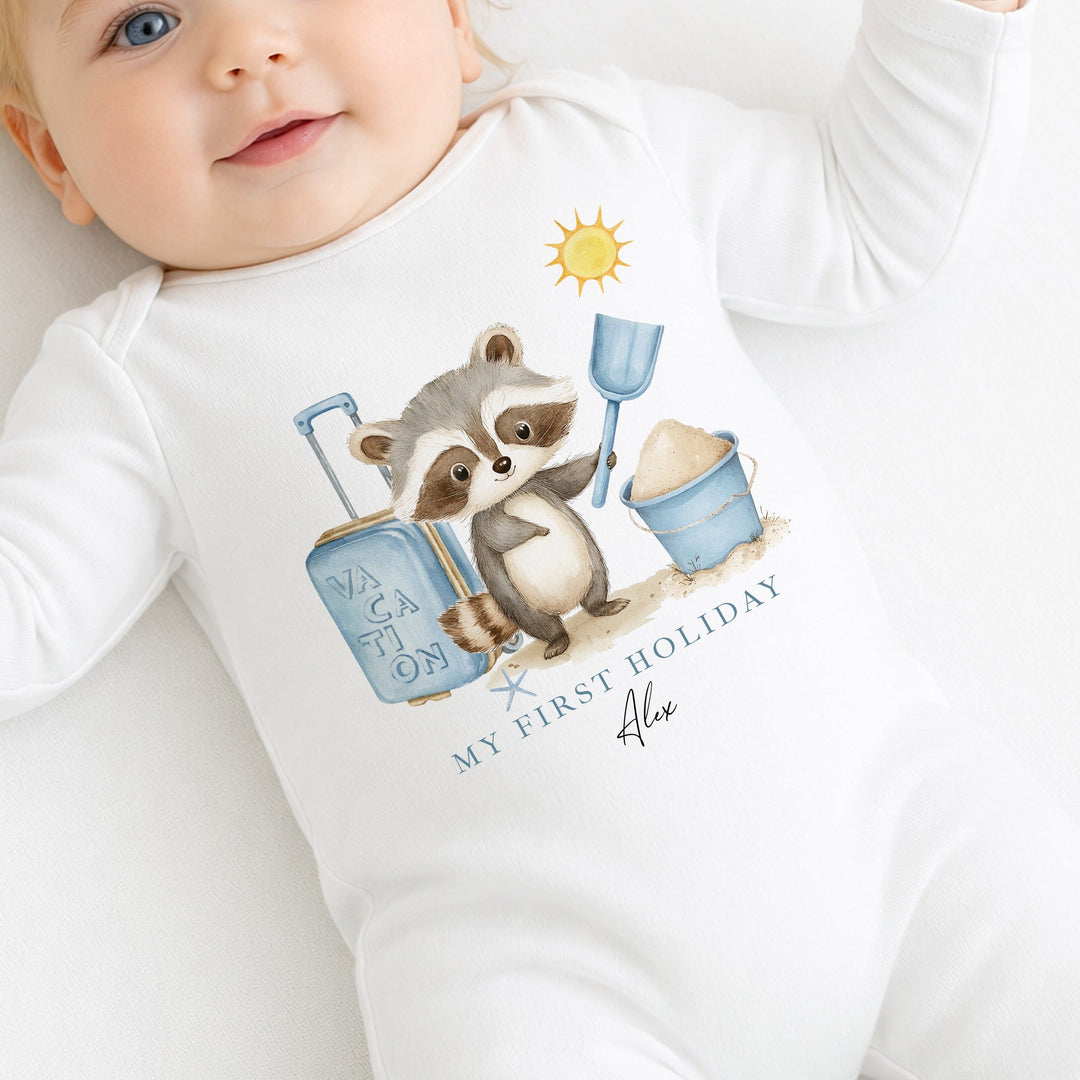 Personalised Blue Animal My First Holiday Baby Grow or Vest