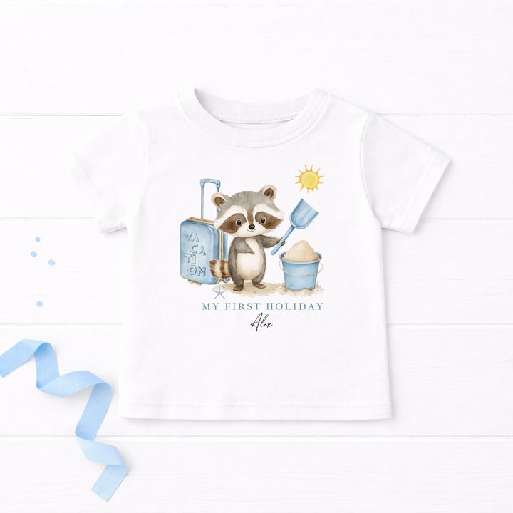Personalised Blue Animal My First Holiday T-Shirt