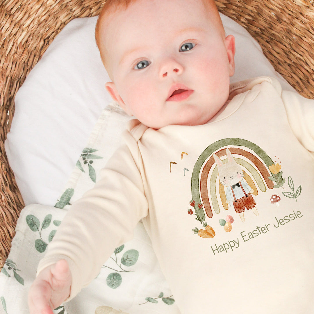 Personalised Green Rainbow Happy Easter Beige Babygrow