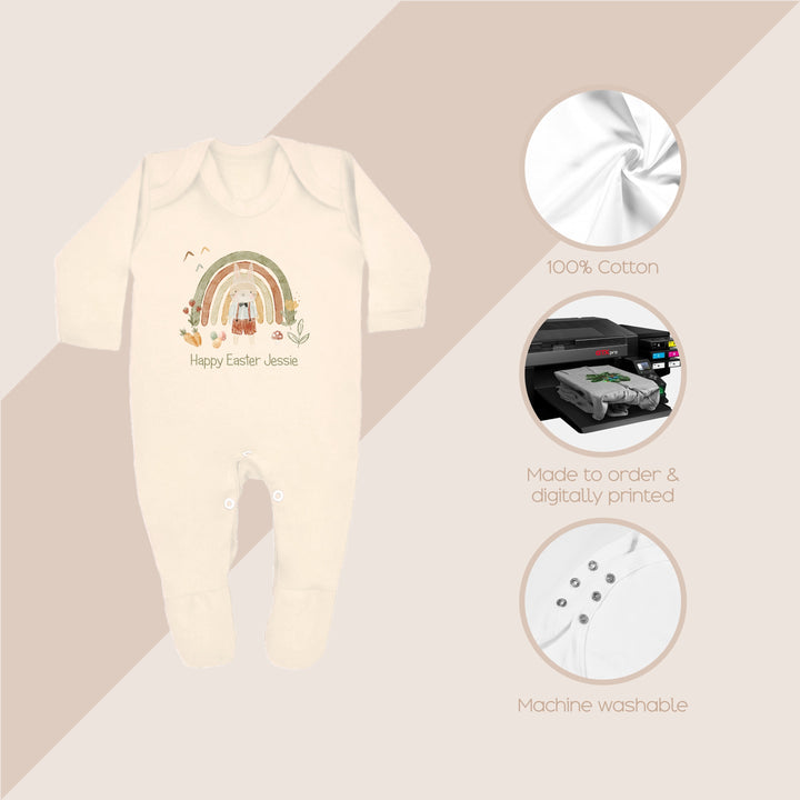 Personalised Green Rainbow Happy Easter Beige Babygrow