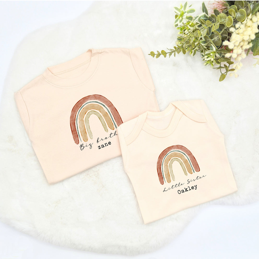 Personalised Unisex Rainbow Sibling Matching Beige Babygrow/T-shirt