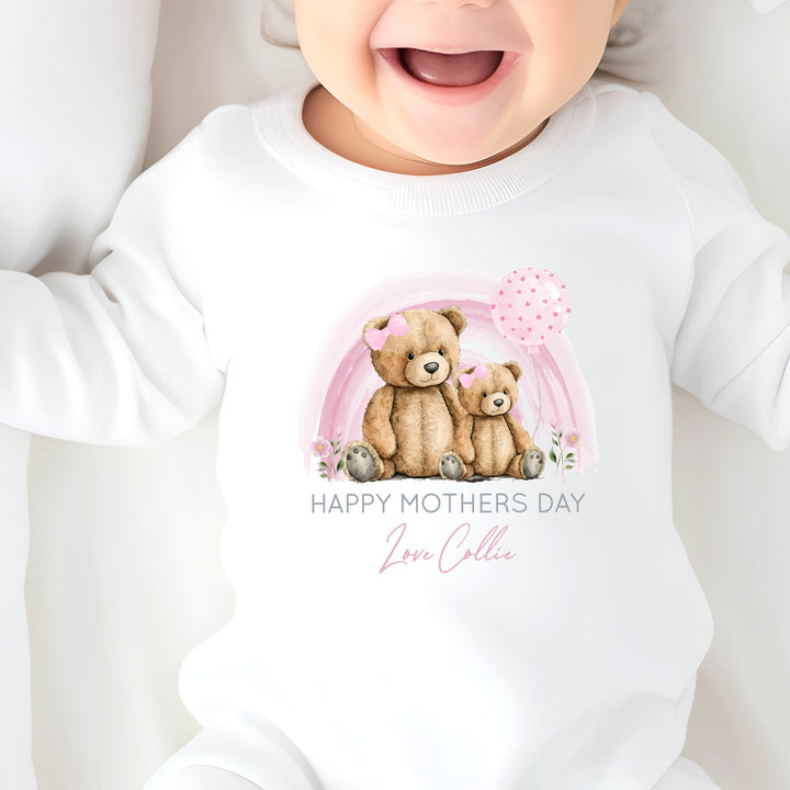 Personalised Our First Mother's Day Pink Teddy Bear Babygrow/Vest