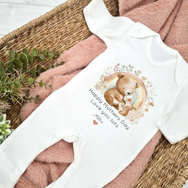 Personalised Rainbow Bear Happy Mother's Day Baby Grow, Vest or Bib