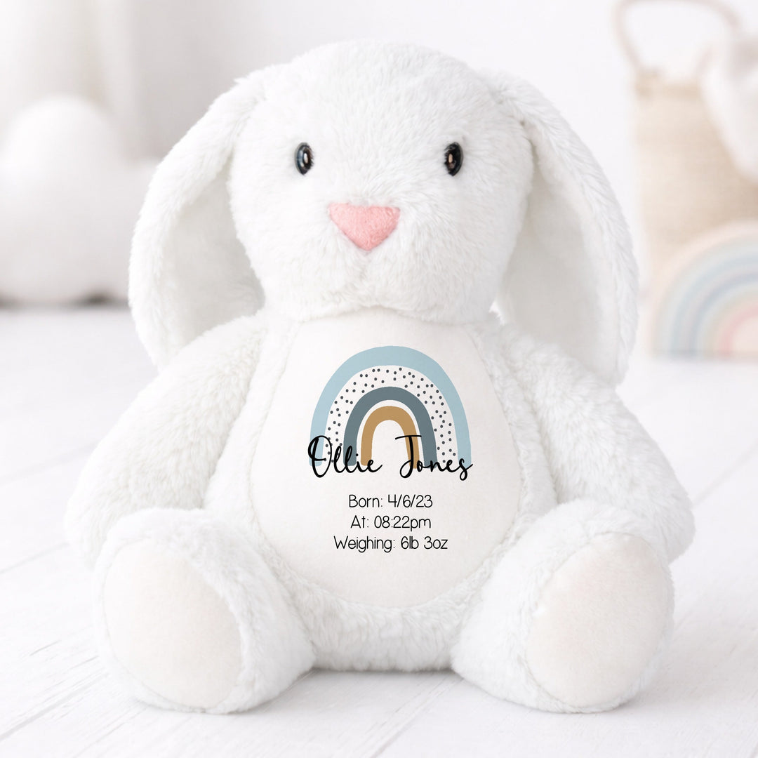 Personalised Blue Rainbow Birth Announcement Rabbit