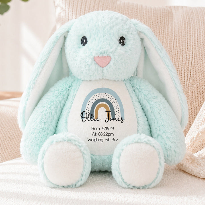Personalised Blue Rainbow Birth Announcement Rabbit