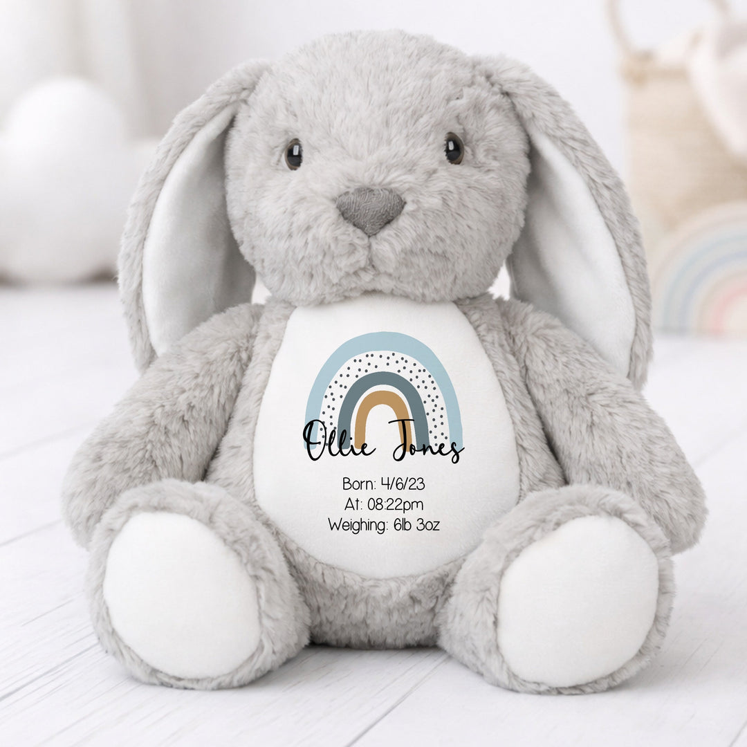 Personalised Blue Rainbow Birth Announcement Rabbit