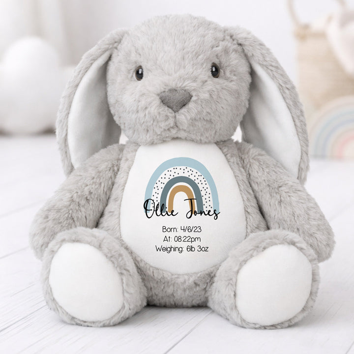 Personalised Blue Rainbow Birth Announcement Rabbit