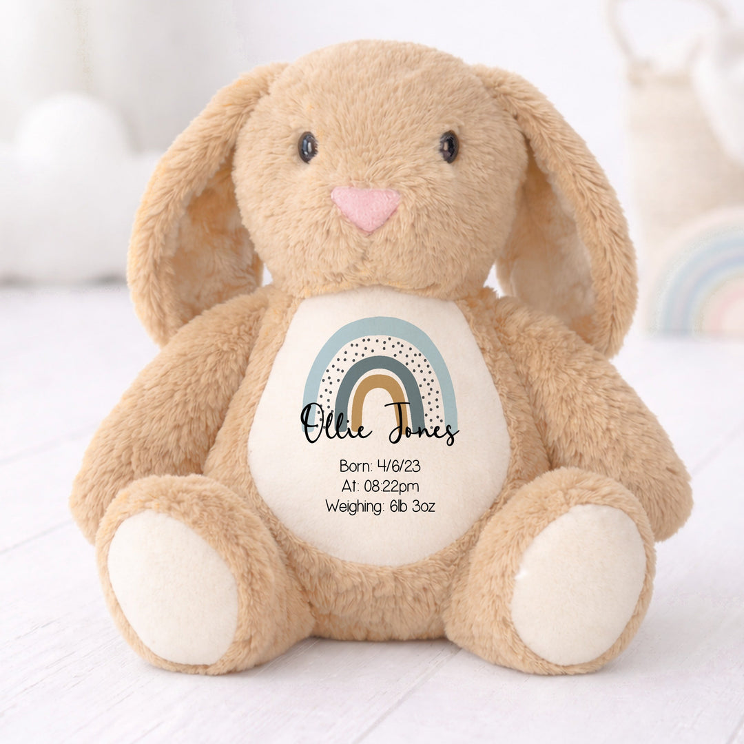 Personalised Blue Rainbow Birth Announcement Rabbit