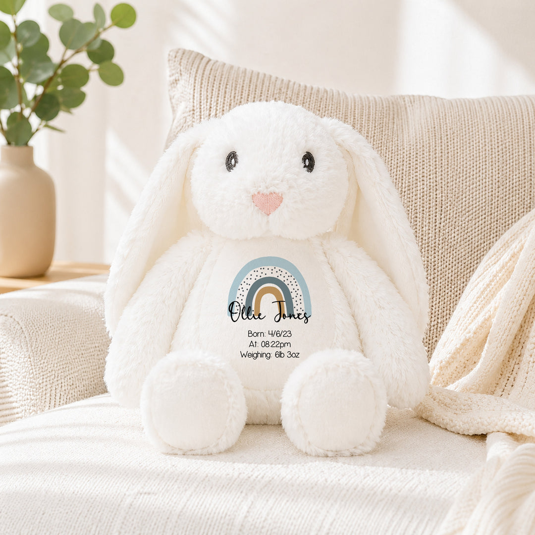 Personalised Blue Rainbow Birth Announcement Rabbit