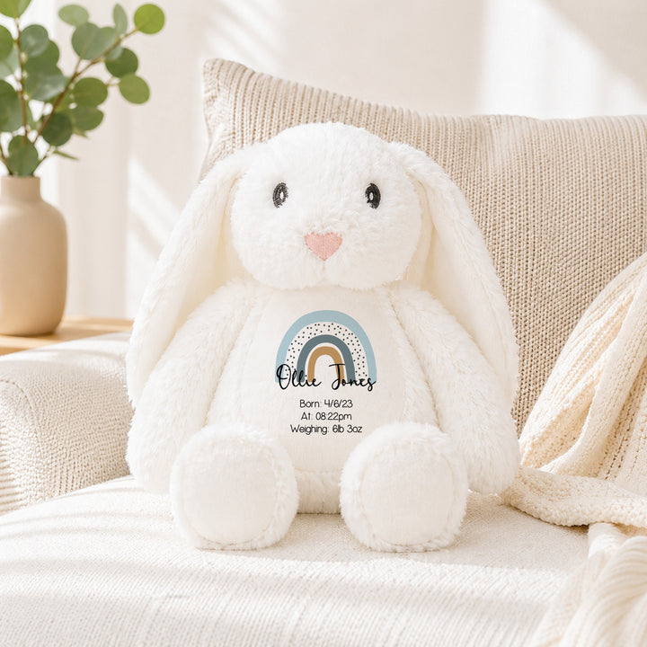 Personalised Blue Rainbow Birth Announcement Rabbit