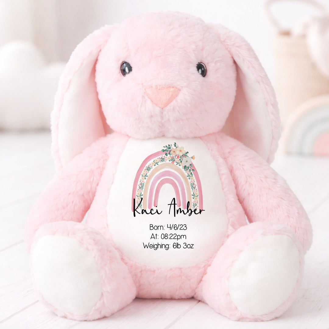 Personalised Pink Floral Rainbow Birth Announcement Rabbit