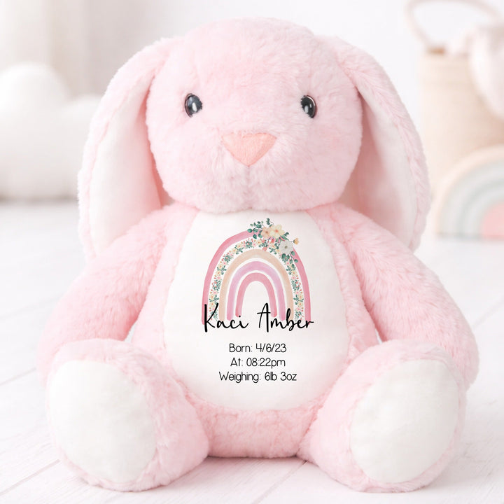 Personalised Pink Floral Rainbow Birth Announcement Rabbit
