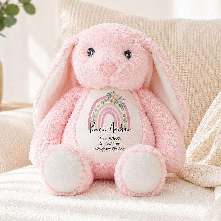 Personalised Pink Floral Rainbow Birth Announcement Rabbit