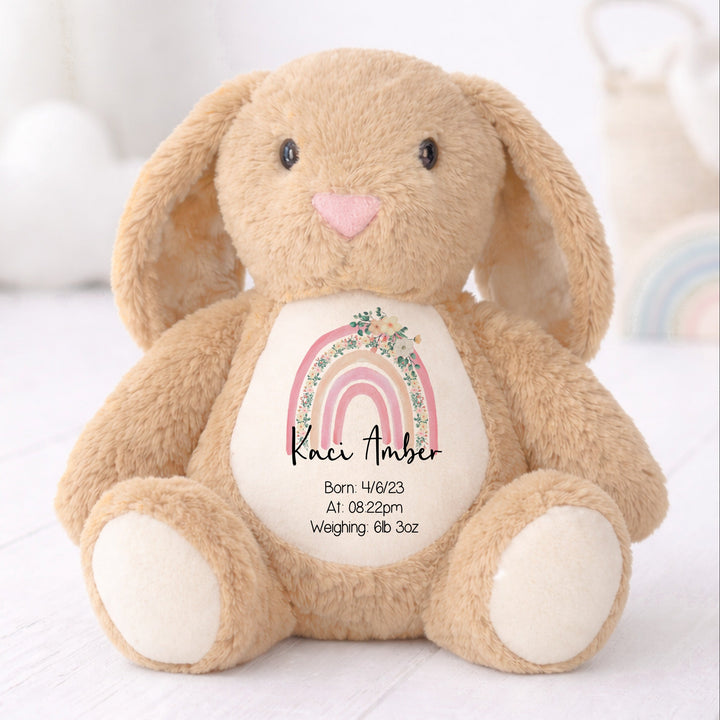 Personalised Pink Floral Rainbow Birth Announcement Rabbit