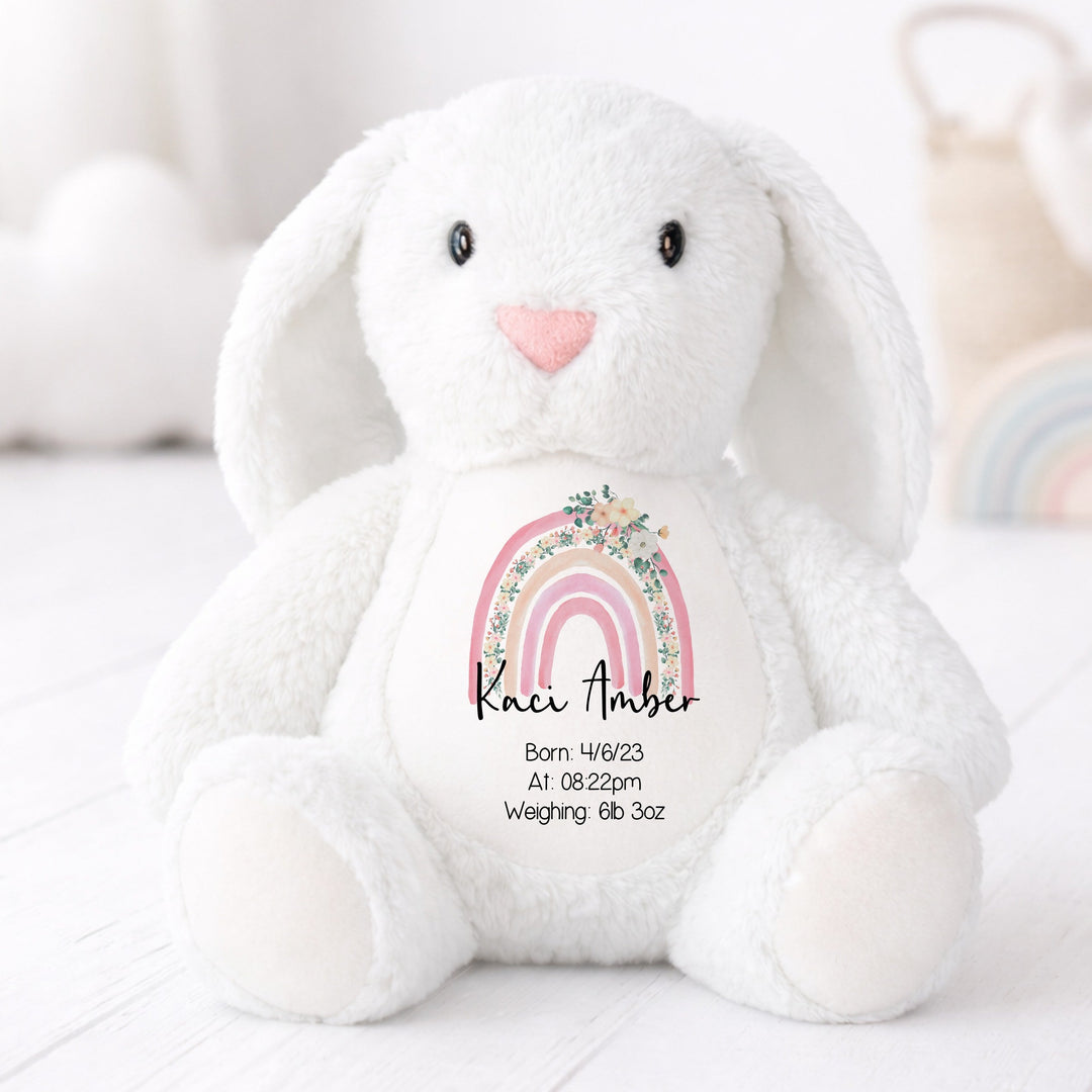 Personalised Pink Floral Rainbow Birth Announcement Rabbit