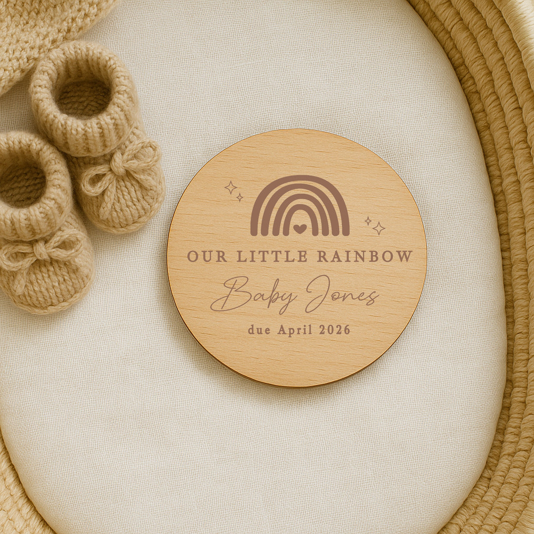 Personalised Our Little Rainbow IVF Wooden Baby Announcement Plaque