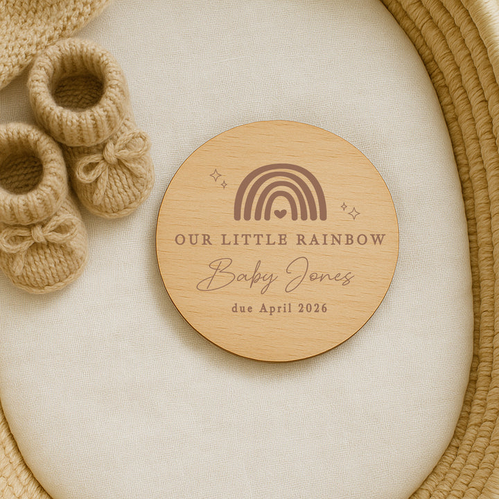 Personalised Our Little Rainbow IVF Wooden Baby Announcement Plaque