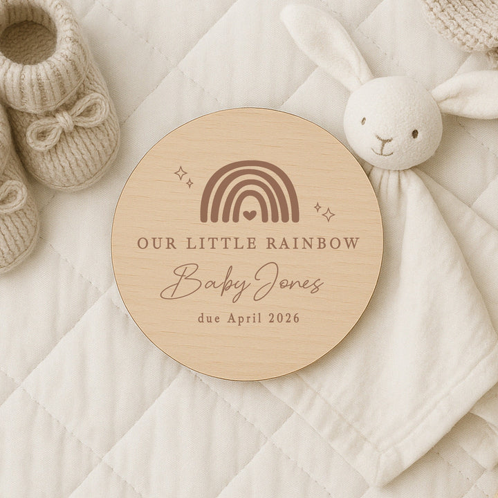Personalised Our Little Rainbow IVF Wooden Baby Announcement Plaque
