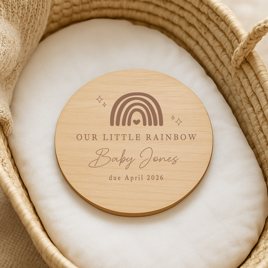 Personalised Our Little Rainbow IVF Wooden Baby Announcement Plaque