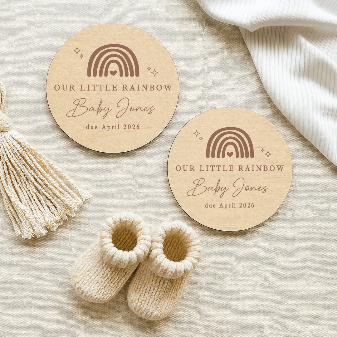 Personalised Our Little Rainbow IVF Wooden Baby Announcement Plaque