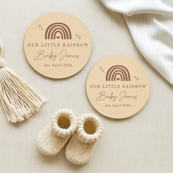 Personalised Our Little Rainbow IVF Wooden Baby Announcement Plaque