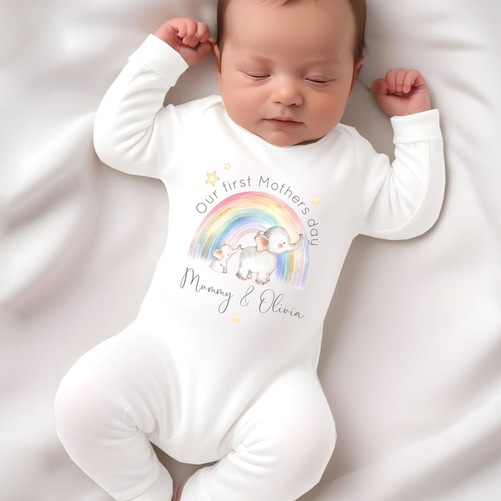 Personalised First Mother's Day Elephant Rainbow Babygrow/Vest