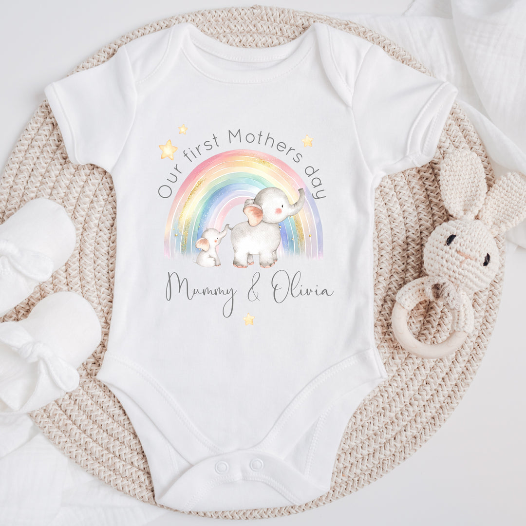 Personalised First Mother's Day Elephant Rainbow Babygrow/Vest