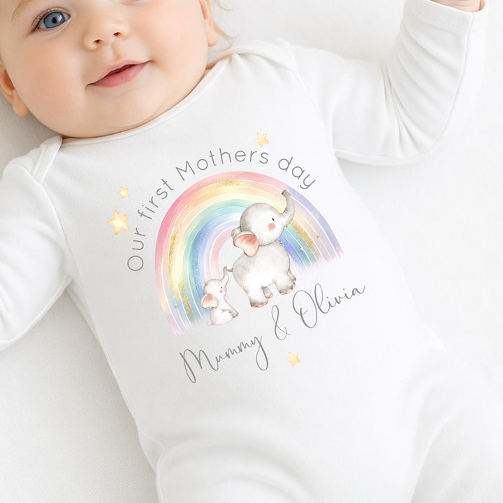 Personalised Elephant Rainbow Our First Mother's Day Baby Grow, Vest or Bib