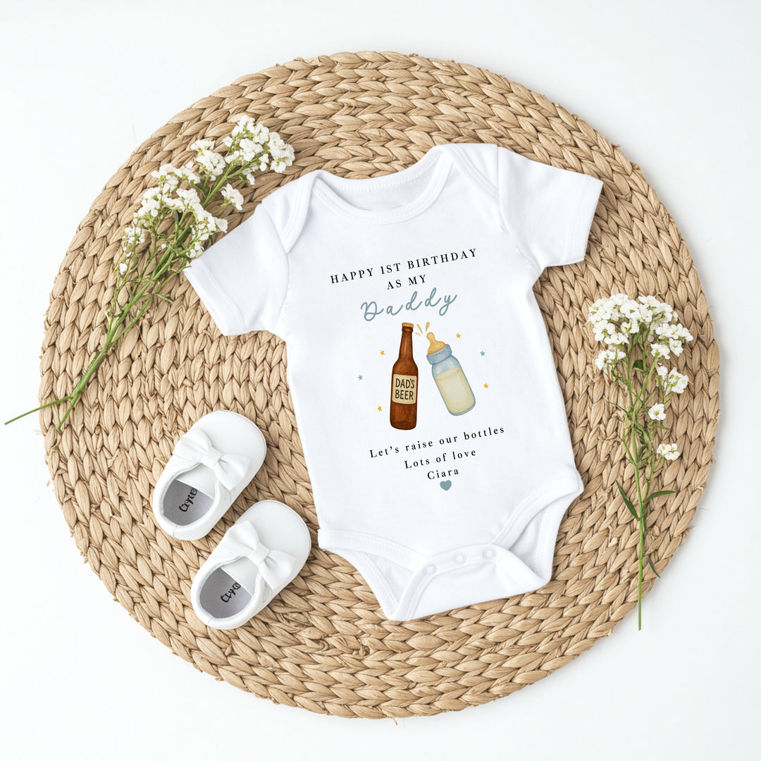 Personalised Beer & Milk Happy Birthday Daddy Baby Grow/Vest