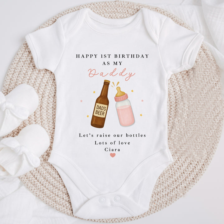Personalised Beer & Milk Pink Happy Birthday Daddy Baby Grow/Vest
