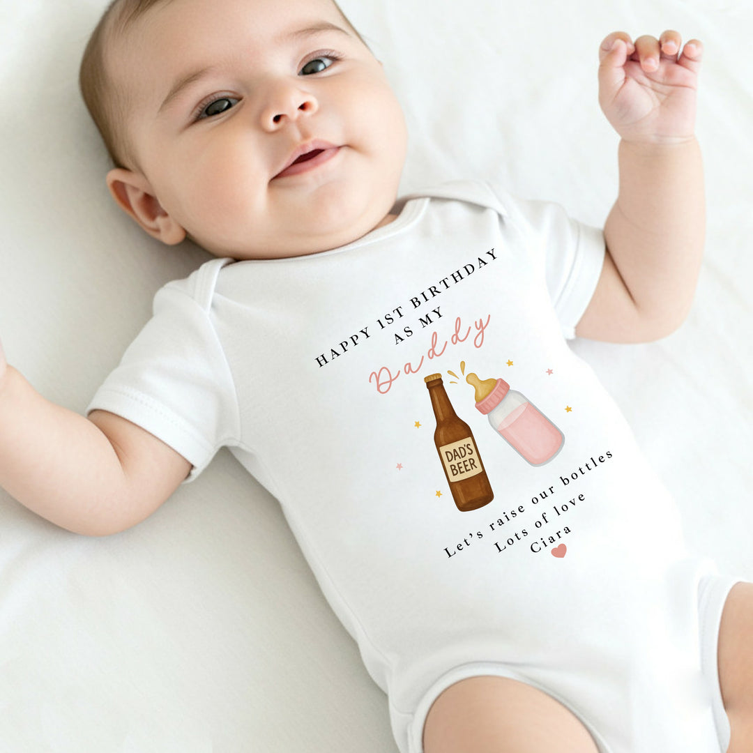 Personalised Beer & Milk Pink Happy Birthday Daddy Baby Grow/Vest