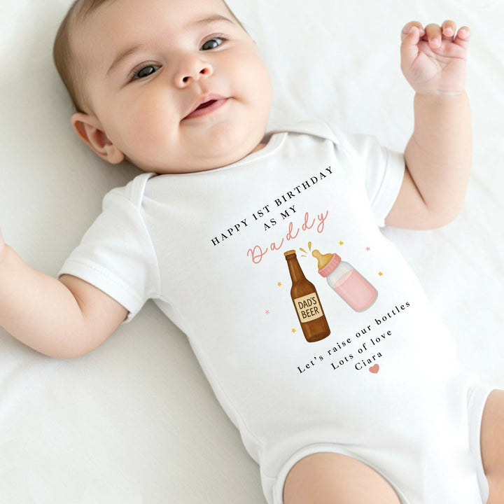 Personalised Beer & Milk Pink Happy Birthday Daddy Baby Grow/Vest